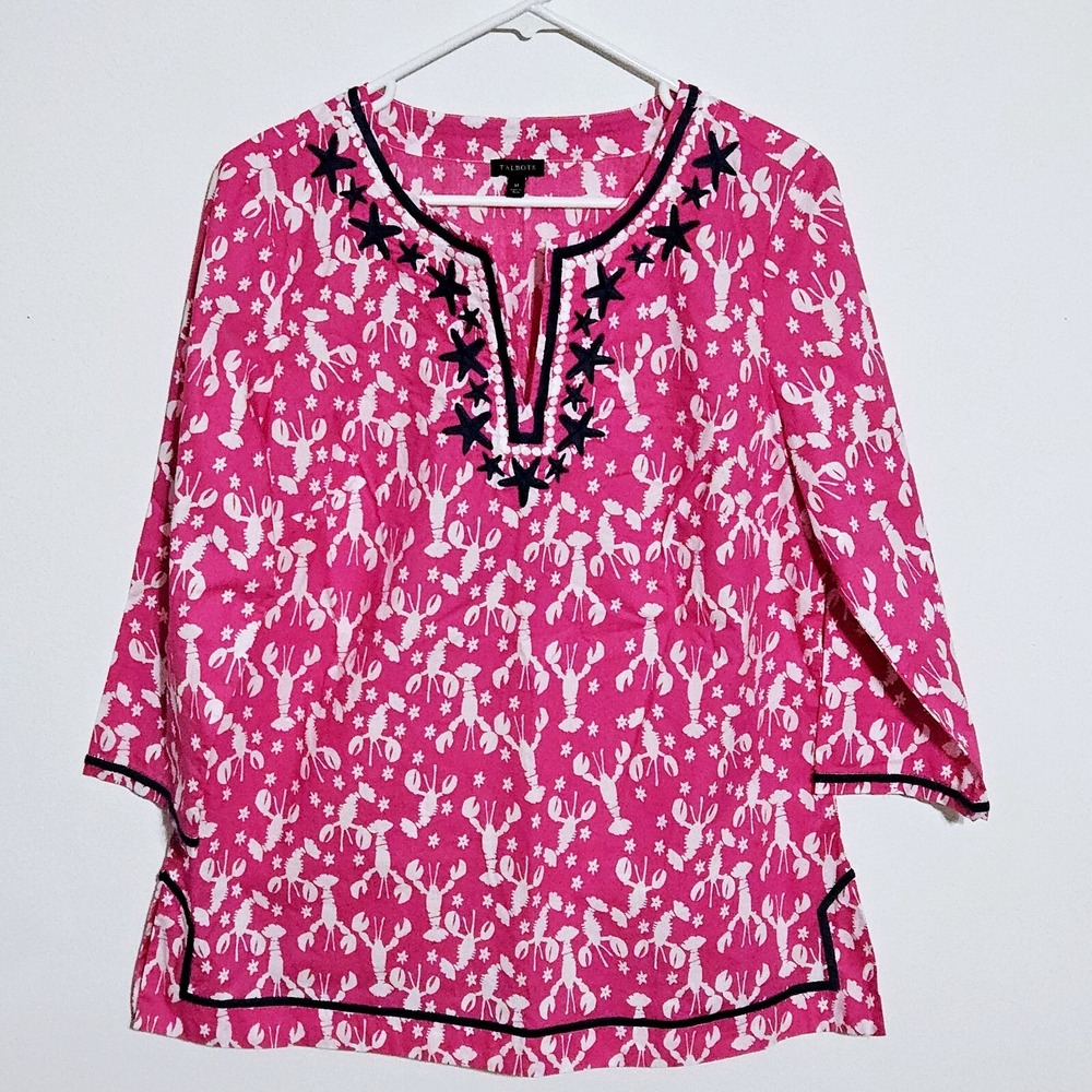 Talbots Tunic Top Womens Sz M Pink Lobster Embroidered Popover Summer‎ Beach